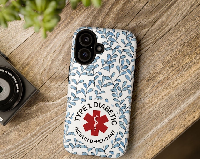 Diabetic Alert Phone Case, Type 1 Diabetic Medical Alert Tough Case, Blue Vines Boho Design, iPhone Case, Boho Chic Diabetic Phone Cover,