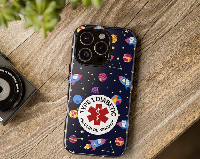 Type 1 Diabetic Phone Case: Fun Space Design, Shock-Absorbing Silicone Liner