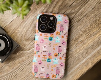Halloween Phone Case, Cute Tough Cases for Fall, Spooky Design,Pink Ghosts and Pumpkins, Perfect Gift for Halloween Lovers