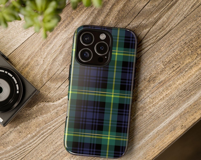 Phone Tough Case, Navy Green Plaid Hard Phone Case, Tartan Pattern Blue Christmas Plaid, Plaid Design