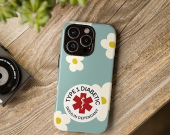 Floral Type 1 Diabetic Medical Alert Tough Phone Case, Diabetes Awareness Gift, Protective Cover, Personalized Diabetic Alert