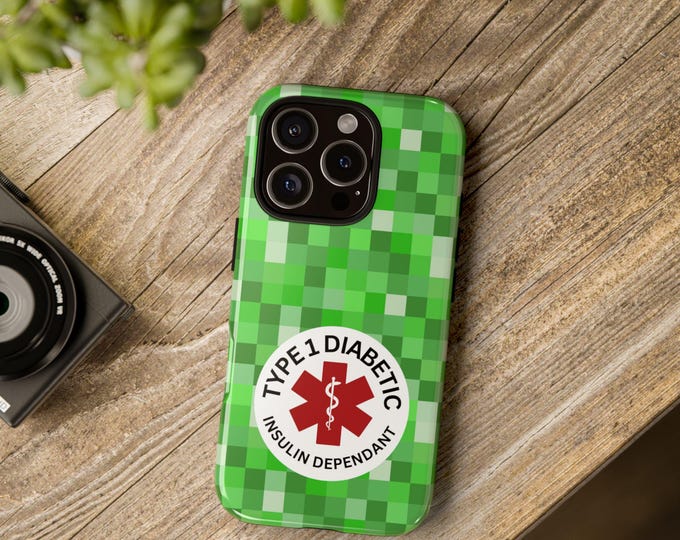Phone Case, Medical Alert Diabetic Type 1 Tough Case, Green Pixel Tech Cover, Diabetic Awareness, Diabetes Support, Custom Medical ID Case,