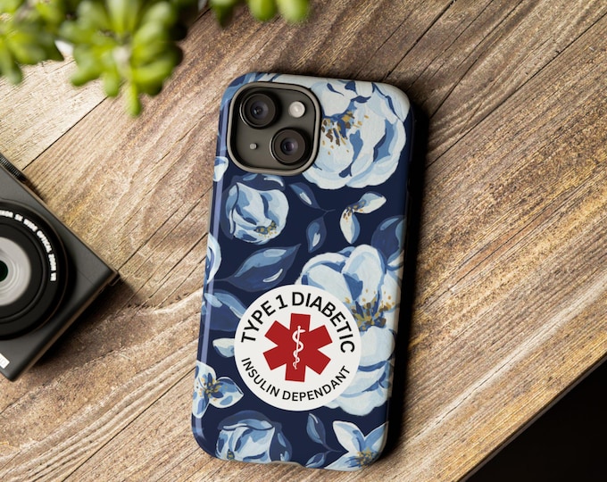 Type 1 Diabetic Medical Alert Phone Case: Blue Floral Design