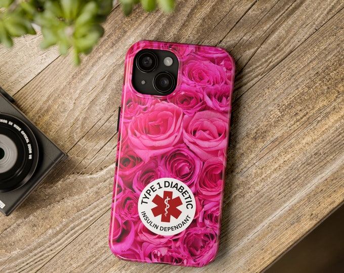 Type 1 Diabetic Medical Alert Phone Case: Pink Roses Design