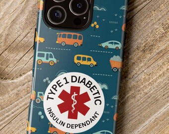 Type 1 diabetic phone case/Tough Phone Cases/Boy /car themed phone case/ medical alert/insulin dependant/iphone 16/iphone 15/iphone 14