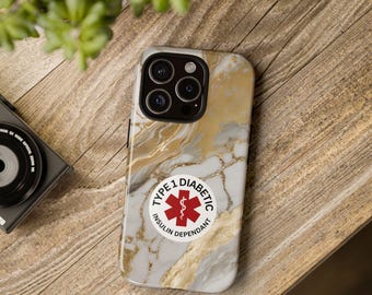 Marble Phone Case for Diabetics, Type 1 Diabetic Insulin Dependent, Tough Cases, Personalized Gift, Medical Alert, Stylish Protection