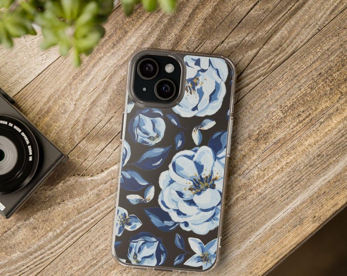 Clear Impact-Resistant Phone Cases, Blue Floral Design, iPhone 17/16/15/14/13, Samsung Galaxy S24, Google Pixel, Protective Cases,