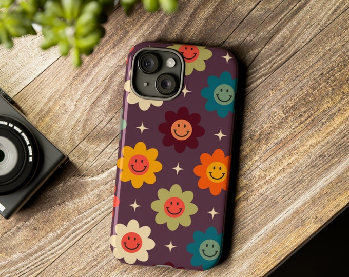 Retro Smiley Flower Phone Case: Dual Layer Protective Case