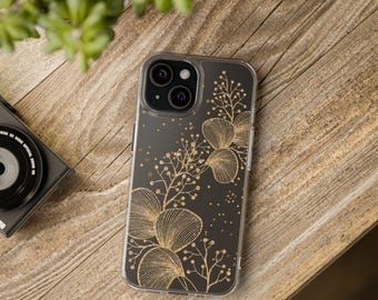 Clear Case for iPhone® Gold flowers/ iphone 16/iphone15/iphone14/iphone13