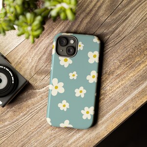 Baby blue with white flowers Tough Phone Cases iphone15 iphone14