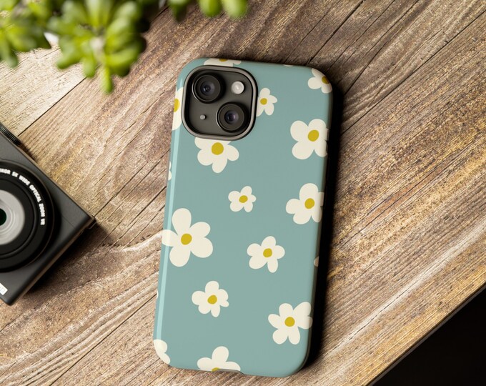 Baby blue with white flowers Tough Phone Cases iphone15 iphone14