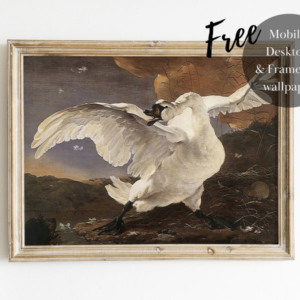 Vintage White Swan Oil Painting | Moody Extra Large Artwork Digital Download | AN017