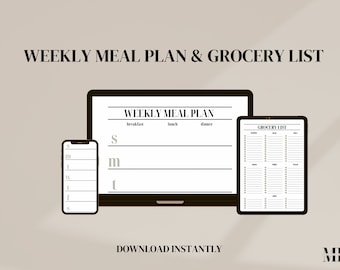 Planificador de comidas digital, Lista de compras, Comidas semanales, Comestibles, Lista de compras estética, Planificador de comidas estéticas, Lista de compras fácil, Imprimible