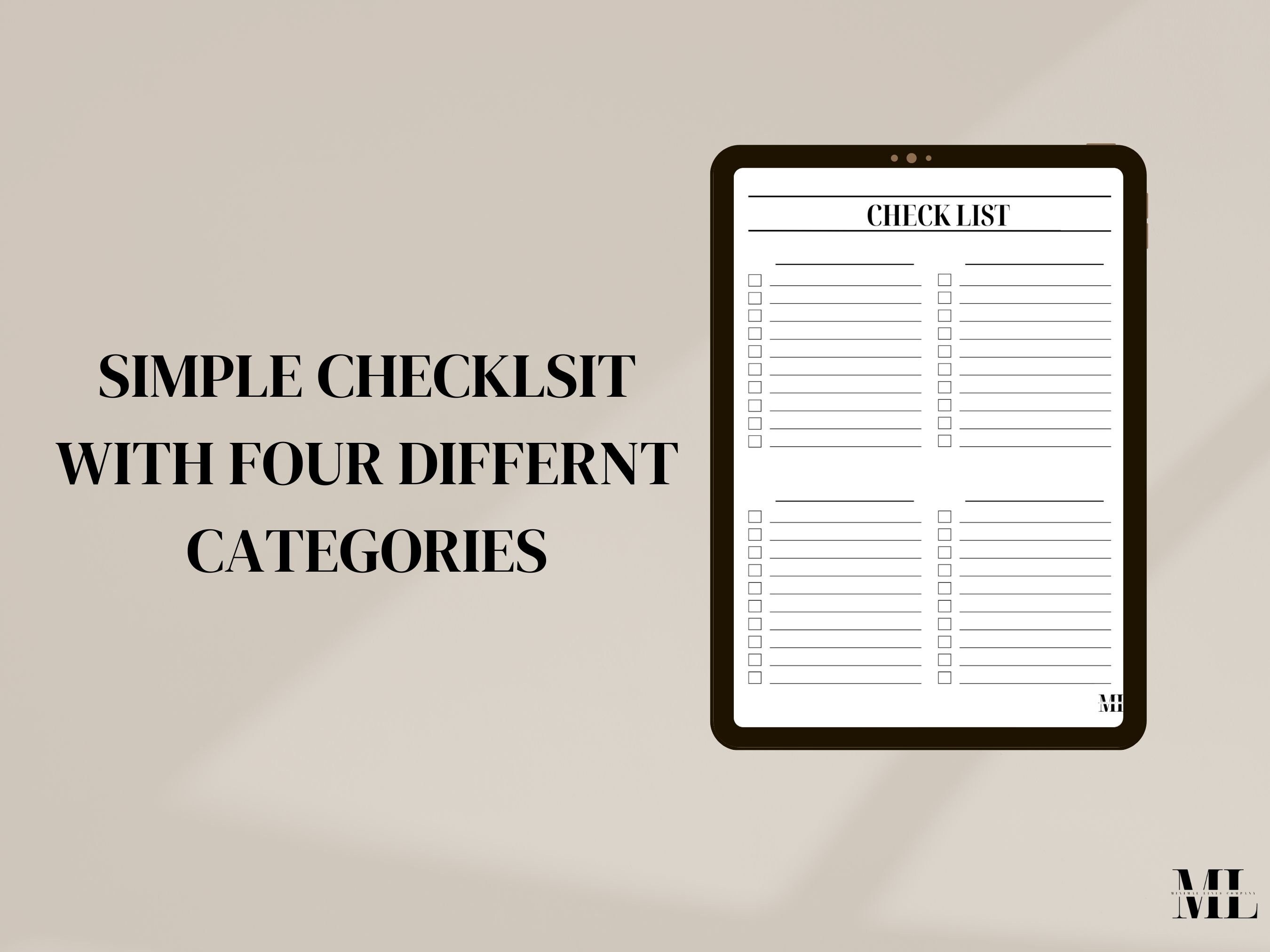 Minimalist Checklist Printable, Categorized Checklists, Digital and Printable - Etsy