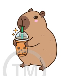 May include: A cartoon illustration of a brown capybara holding a boba tea. The boba tea is in an orange cup with a clear lid and a green straw. The text "boba is da boba" is written in brown letters below the capybara.