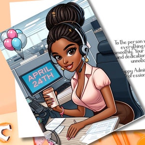 Könnte beinhalten: Eine druckbare Grußkarte mit einer Cartoon-Illustration einer schwarzen Frau mit Headset und rosa Hemd, die an einem Schreibtisch mit einem Computerbildschirm sitzt, auf dem "APRIL 24TH" steht. Der Text auf der Karte lautet: "An die Person, die alles am Laufen hält. Ihre harte Arbeit und Ihr Engagement bleiben nicht unbemerkt. Herzlichen Glückwunsch zum Tag des Verwaltungspersonals!"