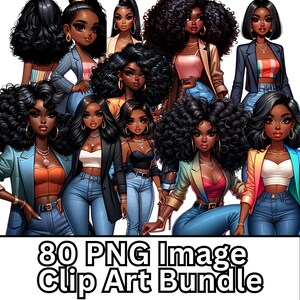 May include: A digital clip art bundle of 80 PNG images featuring diverse women with different hairstyles, clothing, and accessories. The women are depicted in a cartoon style with vibrant colors and bold outlines.