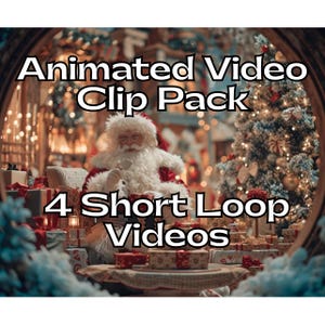 Puede incluir: Imagen festiva en un marco circular, con Papá Noel rodeado de regalos y un árbol de Navidad. El texto dice "Animated Video Clip Pack" y "4 Short Loop Videos."