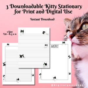 May include: Three printable stationery sheets featuring black and white cartoon cats peeking over the top of the page. The sheets are 8.5 inches by 11 inches and include lined paper, blank paper with a cat border, and a notes page.