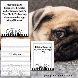 Mops Welpe Hund Printable Stationery, 1 Set von digitalen / druckbaren Designs. 1 Größe 8.5x11 pdf Format zum Download | Gefüttert und ungefüttert