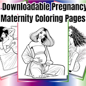 Puede incluir: Un conjunto de 16 páginas para colorear imprimibles con ilustraciones en blanco y negro de mujeres embarazadas. Las ilustraciones están en varias poses, incluyendo durmiendo, sentadas y de pie. El texto "16 páginas para colorear de embarazo / maternidad descargables" está en la parte superior de la imagen.