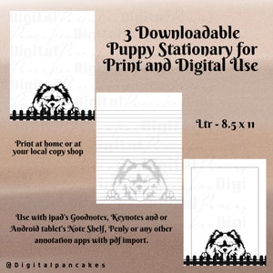 Puppy Dog PRINTABLE Stationery, 1 set of Digital/ Printable Designs. 1 Size 8.5x11 pdf format for Download |  Lined and Unlined