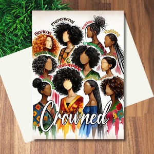 Cartão de saudação em branco com mulher coroada | Cartão de saudação para garota negra | Download digital | Cartão para impressão | Enviar por mensagem de texto, e-mail, imprimir em casa