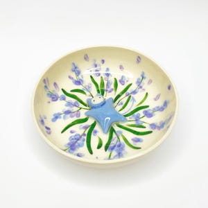 Handmade Lavender Flower Bowl with Purple Cat Creature – Whimsical Ceramic Dish, Cute Pottery Gift or Trinket Dish