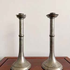 Antique Pair of Pewter Candlestick Holders