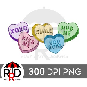Faux Stickerei Valentinstag Candy Hearts PNG für Sublimation und DTF-Drucke, Faux Stickerei PNG, Xoxo, Kiss Me, Smile, You Rock, Hug Me