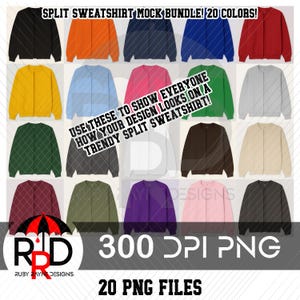 May include: A grid of 20 split sweatshirt mockups in various colors, including black, orange, navy, red, yellow, light blue, pink, green, gray, brown, beige, burgundy, olive, purple, and pink. Text reads "SPLIT SWEATSHIRT MOCK BUNDLE! 20 COLORS!" and "USE THESE TO SHOW EVERYONE HOW YOUR DESIGN LOOKS ON A TRENDY SPLIT SWEATSHIRT!"