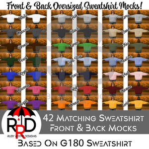 以下が含まれることがあります： 白、黒、赤など、さまざまな色の42種類の特大スウェットシャツモックアップのグリッド。各モックアップはスウェットシャツの前面と背面を表示します。画像には「Front & Back Oversized Sweatshirt Mocks!」というテキストが含まれています。