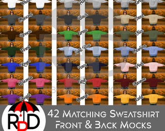 Matching Front & Back Sweatshirt Blank Mock Up Bundle, 21 Colors, 42 - 300DPI 10x6.75 inch PNGs to Use in PS, Procreate, Affinity or Canva