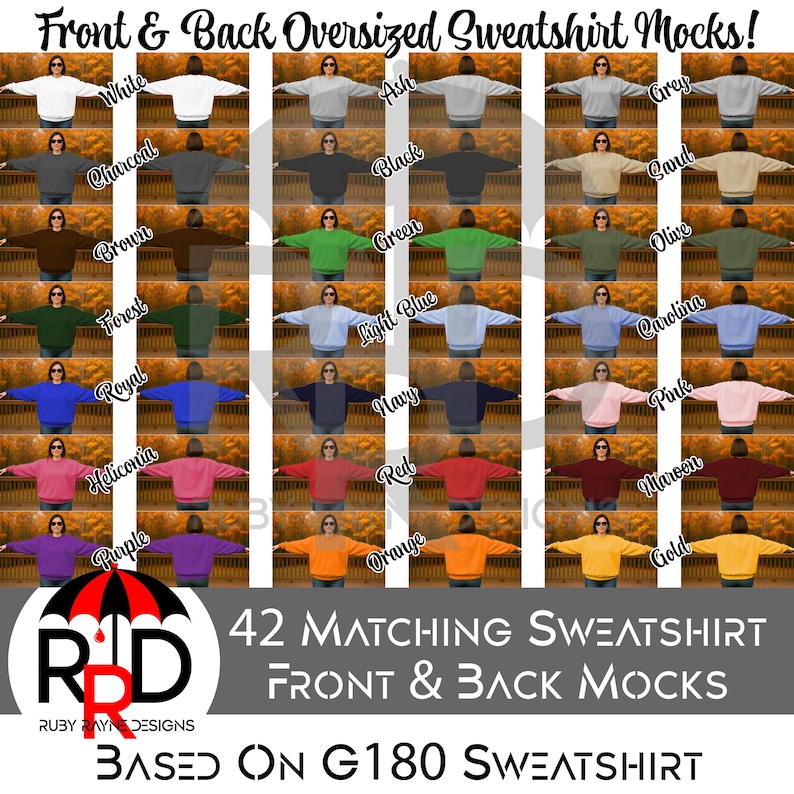 May include: A grid of 42 oversized sweatshirt mockups in various colors, including white, black, and red. Each mockup displays the front and back of the sweatshirt. The image includes the text "Front & Back Oversized Sweatshirt Mocks!"