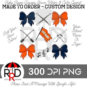 May include: A set of digital clipart images for cheerleading bows, including a bow, a pair of crossed rifles, a pair of crossed batons, a flag with the text "Your School", a pair of crossed sabers, a musical note, and a bow. The images are in black, white, orange, and blue.