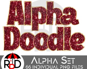 May include: Red and gold glitter letters spelling "Alpha Doodle" with a gold outline. The letters are set against a white background. The text "FAUX SEQUIN & FAUX GOLD FOIL" appears above the letters. Below the letters, a logo with the text "RUBY RAYNE DESIGNS" and the letters "RD" in a red and gold umbrella design. The text "ALPHA SET" appears in all caps, followed by the text "66 INDIVIDUAL PNG FILES". The text "UPPER, LOWER, NUMBERS & SYMBOLS" appears below the logo.