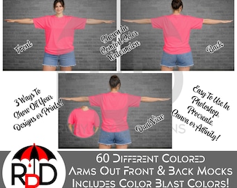 May include: A mock-up image showcasing a pink t-shirt with arms outstretched, displaying both front and back views. The text indicates the shirt is shown in the color Watermelon. The image also highlights the ability to showcase designs on the shirt.