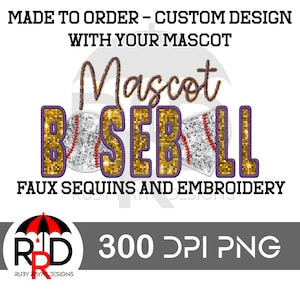 Mascote de beisebol com bordado falso personalizado e lantejoulas feito sob encomenda PNG para sublimação e impressões DTF, 300 dpi, design de esportes escolares de mascote