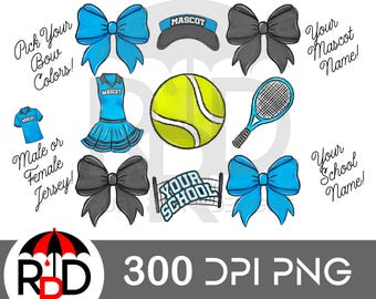 May include: A set of digital clipart images featuring a tennis racket, tennis ball, net, and bows in blue and black. The images are perfect for creating custom designs for school sports teams, cheerleading, or other events. The text "Made to Order - Custom Design" and "All Mascots Available!" is included in the image.