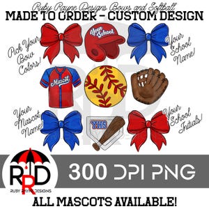 Könnte beinhalten: Ein digitales Illustrationsset zur individuellen Gestaltung eines Softball-Teams. Das Set enthält ein Baseballtrikot, einen Softball, einen Fängerhandschuh, einen Baseballschläger, eine Homeplate und zwei rote und blaue Schleifen. Der Text "Your School Name!" und "Your School Initials!" ist im Design enthalten.