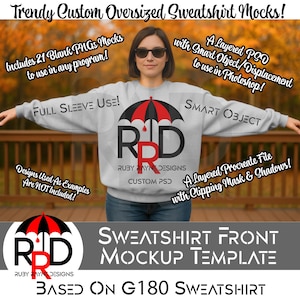 May include: A light gray sweatshirt mockup template with the text "Trendy Custom Oversized Sweatshirt Mocks!" and "Sweatshirt Front Mockup Template". The design includes a red and black umbrella logo with the letters "RD".