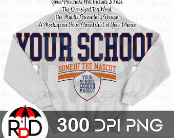 Oversized Arm to Arm Full Mascot / Small Town / Name Design Made To Order Print Ready PNG, 300 dpi, 32 inches wide Custom Mascot and Colors