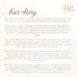 Op de afbeelding: Cr&egrave;mekleurige pagina met de tekst "Our Story" in een decoratief lettertype. De tekst beschrijft het merk Luxe Noble, de oorsprong en de focus op huwelijksbedankjes en cadeaus. Een logo staat in de rechterbovenhoek.