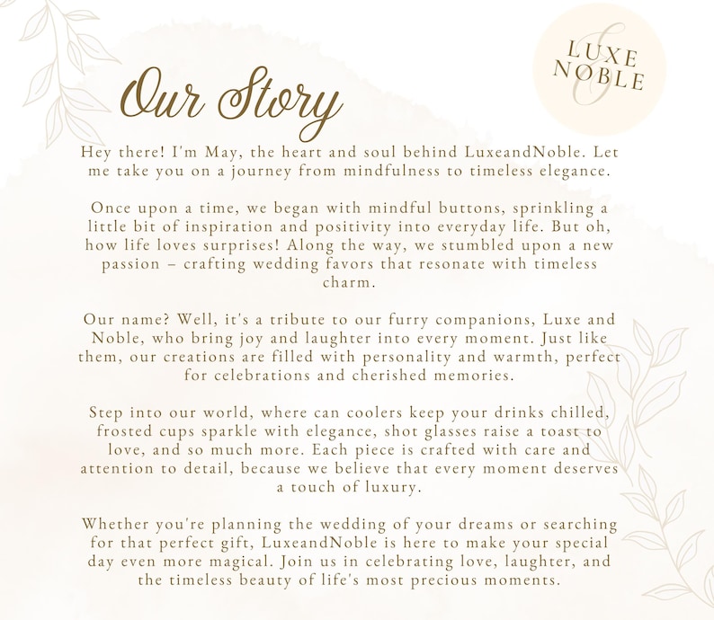 Op de afbeelding: Cr&egrave;mekleurige pagina met de tekst "Our Story" in een decoratief lettertype. De tekst beschrijft het merk Luxe Noble, de oorsprong en de focus op huwelijksbedankjes en cadeaus. Een logo staat in de rechterbovenhoek.