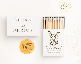 Custom Dog Illustration Wedding Matchboxes, Personalized Wedding Favors with Pet Portrait | Luxe & Noble Matches, Handdrawn, matchbook