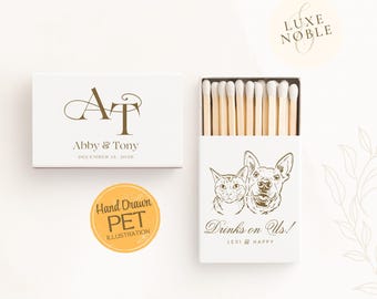 Custom Pet Illustration Wedding Matchboxes, Personalized Favors with Dog and Cat Drawing, Monogram & Names, Luxe Wedding Matches | Handdrawn