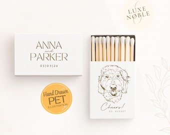 Custom Dog Illustration Wedding Matchboxes | Personalized Pet Portrait Favors | Custom Wedding Matches | Handdrawn Pet Favors, Matchbook