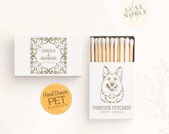 Custom Dog Illustration Wedding Matchboxes | Personalized Pet Portrait Favors with Names and Date | Custom Matchboxes | Handdrawn Dog