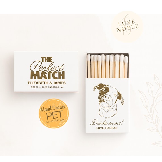 Custom Dog Illustration Wedding Matchbox | Personalized Pet Portrait Favors | The Perfect Match Wedding Favors | Custom Matchbox | Handdrawn