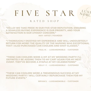 Op de afbeelding: Een afbeelding met de tekst "FIVE STAR RATED SHOP" en klantgetuigenissen. Het Luxe Noble logo is zichtbaar. De getuigenissen prijzen de kwaliteit van servetten en blikjeskoelers.